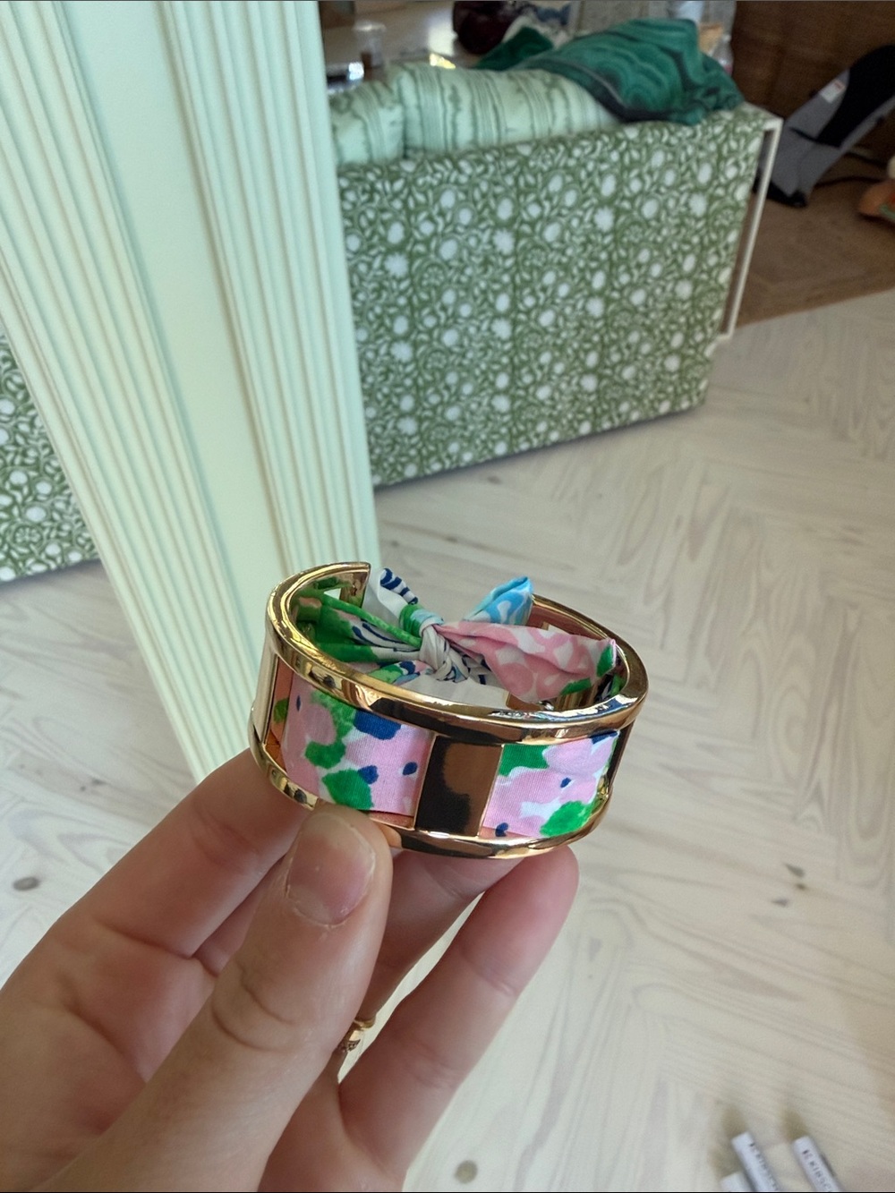 Lilly Pulitzer Gold-Tone Bangle with Pink & Green Floral Scarf Inlay